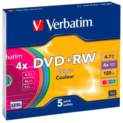 Immagine prodotto di 1x5 Verbatim DVD+RW 4,7GB 4x Speed Colour Surface Slimcase