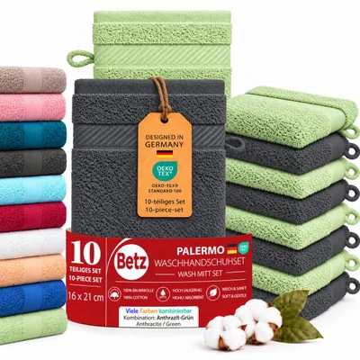 Produktbild von Betz 10 Stück Waschhandschuhe 16x21 cm PALERMO 100% Baumwolle Farbe: anthrazit / grün