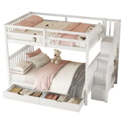 Produktbild von Etagenbett mit 2 Liegeflächen, Lattenrost, Schubladen, Regal, Rausfallschutz und Treppe, 140x200 cm, Kinderbett