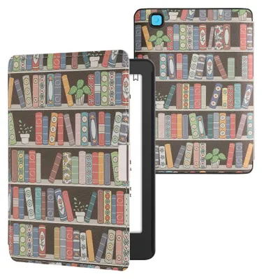 Produktbild von kwmobile Schutzhülle für Kobo Aura Edition 2 Hülle - eReader Flip Case mit Auto Sleep Funktion - Bücherregal mit Pflanzen mit Blau Grün Pink