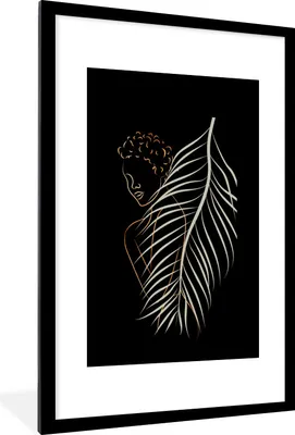 Produktbild von MuchoWow® Gerahmtes Poster Frau - Feder - Gold - Silber 60x90 cm - Poster mit Schwarzem Bilderrahmen Wandposter Rahmen Foto Bilder - Dekoration - Wandposter Wohnzimmer - Hochwertig