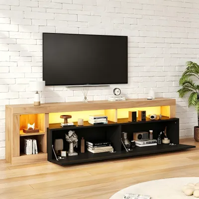 Produktbild von MODFU TV-Schrank mit offener Stauraum,Für bis 80 Zoll,Lowboard mit 4 Stauraumbereich,2 Klapptüren und LED,184 × 42 × 58 cm,Schwarz+Holzoptik