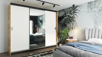 Produktbild von FurMeb24 Šatní skříň s posuvnými dveřmi RETRO 1-200x205cm Šatní skříň se zrcadlem, třídveřová posuvná skříň (Dub Craft Gold / White + Mirror)