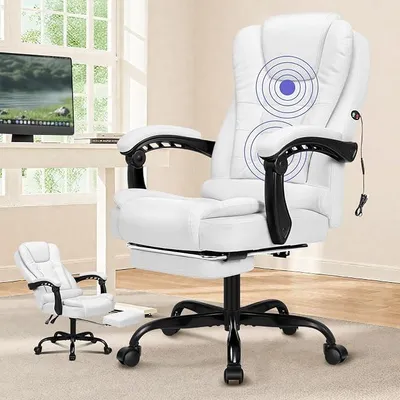 Zdjęcie produktu dla Krzesło biurowe, fotel do pracy, krzesło do biurka z funkcją regulacji nachylenia do 150 stopni, obrotowe krzesło komputerowe, ergonomiczne krzesło obrotowe. Regulowany podnóżek, regulowana wysokość, maksymalne obciążenie 180 kg, obicie z materiału PU, kolor biały