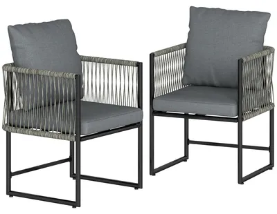 Produktbild von Gartenstuhl 2er Set wetterfest Gartenstühle aus Stahl PE-Rattan mit Kissen Armlehne Rückenlehne 52x52x66 cm Dunkelgrau