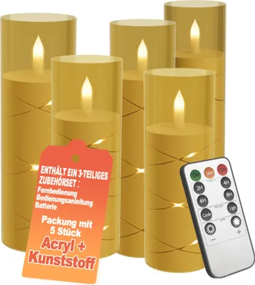 Produktbild von XMTECH LED Kerzen 5er Set – Flammenlose Kerzen Ø5cm x 14/14/16/18/20cm mit Fernbedienung & Timer – Batteriebetrieben, Flackernd, Dekoration für Innen & Außen – Gold