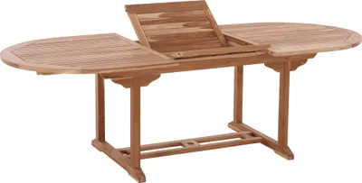 Produktbild von Möbilia, Gartentisch oval, Teakholz natur, 180 x 100 x 75 cm, ausziehbar auf 240 cm, Schmetterlingsauszug, mit Schirmaussparung, In- und Outdoor geeignet
