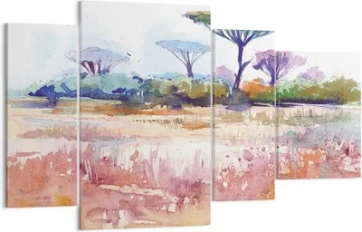Produktbild von Bild auf Leinwand - Leinwandbild - 4 Teile - Aquarell Savanne Bäume - 120x70cm - Wand Bild - Wanddeko - Wandbilder - Leinwanddruck - Bilder - Wanddekoration - Leinwand bilder - DL120x70-4484