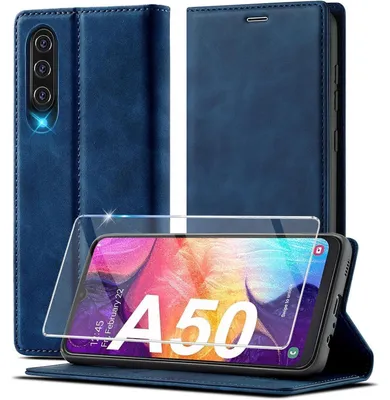 Immagine prodotto di Custodia in ecopelle pieghevole per Samsung Galaxy A50/A30s, con pellicola protettiva, colore blu
