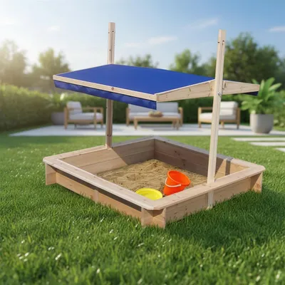 Produktbild von Mucola Beigekasten Beigebox Beigekiste Spielhaus Holz mit verstellbaren Dach Blau HolzBeigekasten UV Schutz Abdeckplane Buddelkiste