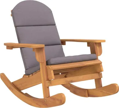 A wooden Adirondack rocking chair with gray cushions, shown against a white background.