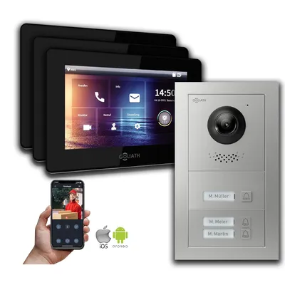 Produktbild von Goliath IP Video Türsprechanlage: 7-Zoll 3 Familienhaus, Smartphone App, Silber : 7 Zoll Schwarz : 4er POE : Aufputz Dose Anschluss: 4er POE Monitor Farbe: 7 Zoll Schwarz Montage: Aufputz Dose