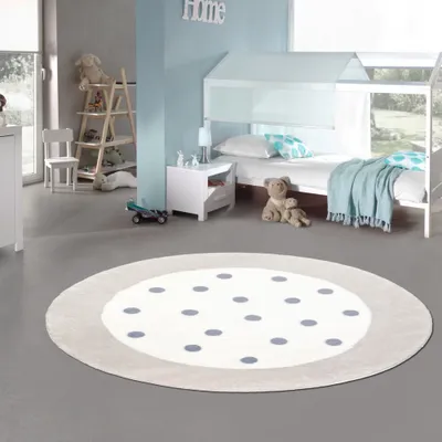 Zdjęcie produktu dla Okrągły dywanik dziecięcy z kropkami i obwódką kremowy, szary Rozmiar - okrągły 120 cm