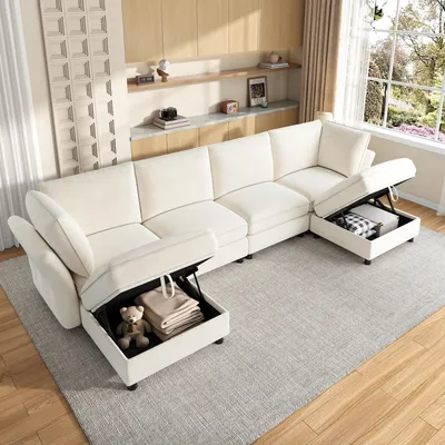 Produktbild von okwish Ecksofa 6-Sitzer mit 2 Hocker und geschwungene Armlehnen, Modulares Wohnzimmersofa mit Stauraum, Kombisofa in Beige