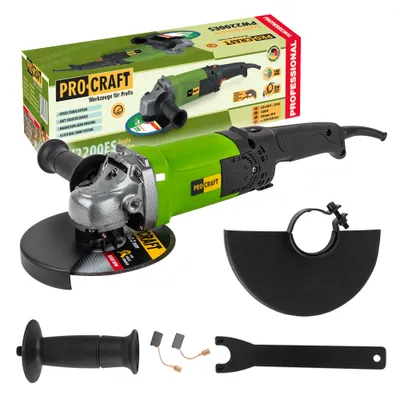 A product shot of an angle grinder and its accessories, with the product packaging in the background.