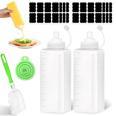 2 Knijpflaschen 1000 ml mit Deckeln, auslaufsicher, inkl. Bürste & Trichter