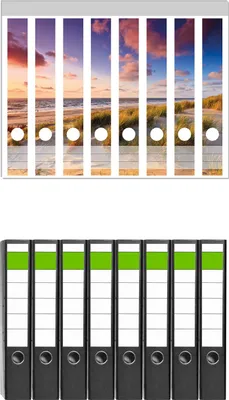 Produktbild von Wallario 8 Stück schmale Ordner inkl. Klebeetiketten mit Motive Abendspaziergang am Strand - Sonnenuntergang über dem Meer -  Set mit Rückenschildern / Ordnerrücken Stickern