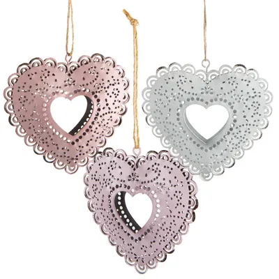 Produktbild von 3 Herzen aus Metall rosa lila weiß 9,5 cm Metallherzen