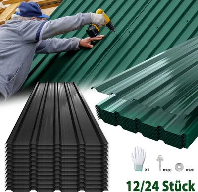 A collage showing a person installing green corrugated roofing panels, stacks of black corrugated roofing panels, and accessories like gloves and screws.