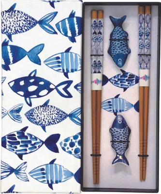 Produktbild von 2 Paar Essstäbchen + 2 Ablagen | Fisch, blau | Essstäbchen Geschenk Set