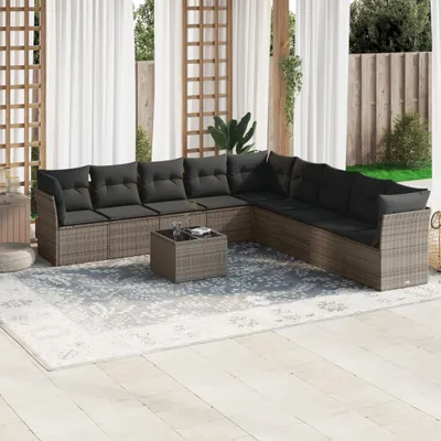 Produktbild von Design 10-tlg. Garten-Sofagarnitur mit Kissen Grau Poly Rattan, Gartenmöbel-Sets 2024 Neu