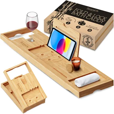 Produktbild von SereneLife Badewannenablage Holz – Bathtub Tray – Wasserdichte Badewannentisch a