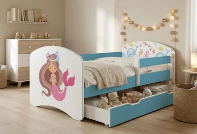 Obrázek produktu pro Dětská postýlka Happy Babies s bočními zábranami pro chlapce, 140 x 70 cm, do dětského pokoje, se zásuvkou, matrace, jednolůžko pro děti, modrá, barevné samolepky