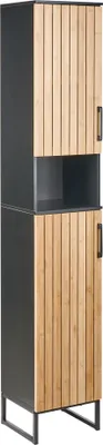 Obrázek produktu pro BELIANI Stojící koupelnová skříňka světle hnědá bambus černá MDF ocel 170 x 30 cm se 6 policemi moderní koupelna