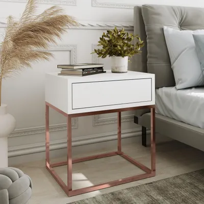 Produktbild von AX LIVING Nachttisch Kommode Aleio Weiß kupferfarbenes Metallgestell
