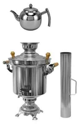 Produktbild von Edelstahl Holzkohle Samowar 5 Liter mit Schornstein + 1 Liter Design Edelstahl Teekanne mit Sieb