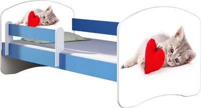 Produktbild von ACMA Jugendbett Kinderbett Junior-Bett Komplett-Set mit Matratze Lattenrost und Rausfallschutz Blau 40 Katze mit Herz 180x80