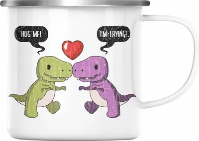 Produktbild von Trendation - Valentinstag Emaille Tasse Geschenk für Ihn Sie Lustig Dinosaurier Geschenkidee Becher Freund Freundin Liebe Paare (Silber)