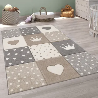 Produktbild von Teppich Kinderzimmer Kinderteppich Junge Mädchen Pastell 3D Punkte Herz Beige Grösse 240x340 cm