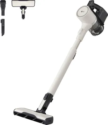 A white LG CordZero A9K Lite cordless vacuum cleaner is shown against a white background. Several attachments are visible in the top left corner.