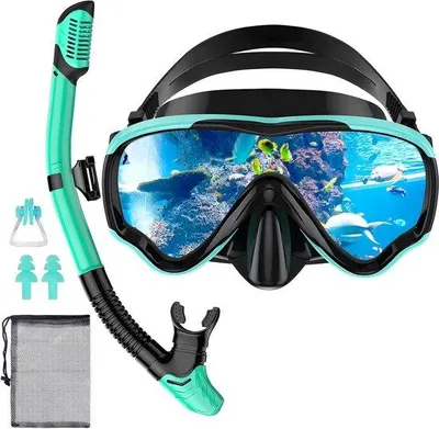 Image de Kit de plongée libre pour adultes - Masque de plongée et tuba sec avec anti-fuite et anti-buée Masque de plongée en verre trempé pour le snorkeling, la natation et la plongée (vert)