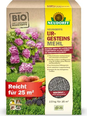 A bag of Neudorff UrgesteinsMehl (stone meal) with images of plants, fruits, and berries.