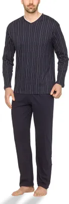 Produktbild von Moonline - Herren Schlafanzug lang aus 100% Baumwolle mit V-Ausschnitt und Streifen-Design ; Marine , 54/56