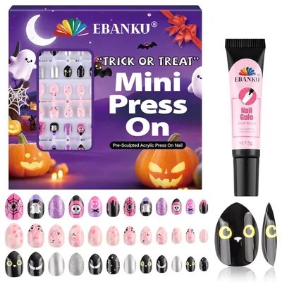 Zdjęcie produktu dla Zestaw 72 sztuk sztucznych paznokci na Halloween, z motywem czaszki, do samodzielnego naklejania, przeznaczony dla dziewczynek i dzieci, zawiera klej do paznokci