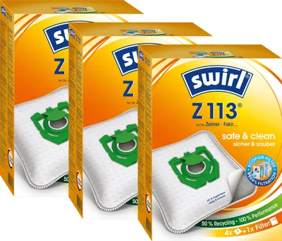 Three boxes of Swirl vacuum cleaner bags are displayed side-by-side.