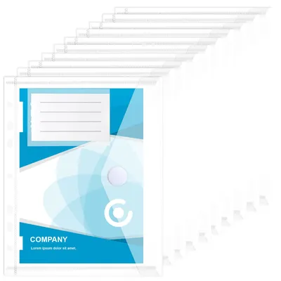 Productafbeelding van Verpakking met 10 transparante A5-documentmappen, geschikt voor het n van documenten, met 7 verstevigingsgaten en een etiketvak, afmetingen 22,8 x 18 cm.
