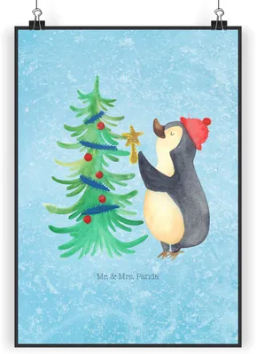 Produktbild von Mr. & Mrs. Panda Bild Pinguin Weihnachtsbaum DIN A4 - Eisblau - Geschenk, wanddeko, kunstdruck poster, Weihnachten, drucke, Winter, Wandbild, Wanddekoration