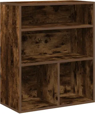 A wooden bookshelf with multiple compartments.