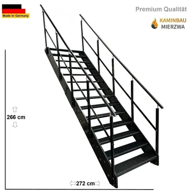 Zdjęcie produktu dla Stalowa krata schodowa 14 stopni poręcz po obu stronach - Ocynkowana i malowana proszkowo na kolor antracytowy - (szer. x wys. x gł.) 100 x 266 x 272 cm