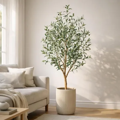 Produktbild von Künstlicher Olivenbaum in schwarzem Topf, dekorative Zimmerpflanze, künstliche grüne Blätter, realistisches Stammdesign, 150 cm hoch