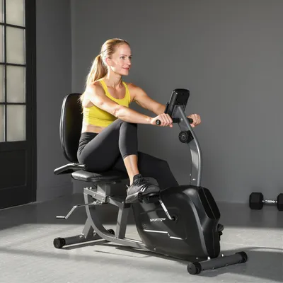 Image de Vélo d'appartement couché à résistance magnétique silencieux, écran LCD, cadre en métal, noir | 132 x 62 x 100 cm | 8 niveaux | Hauteur de selle : 46–50 cm