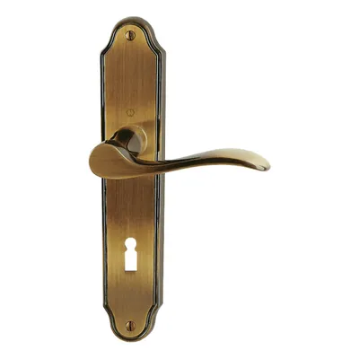 A close-up studio shot of a brass door handle set with a keyhole on a white background.