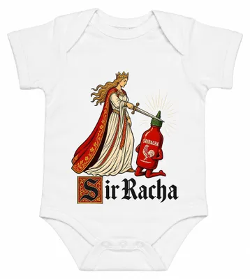 Obrázok produktu pre Sir Racha, pikantná omáčka, rytier, stredovekí motívy, humor, sarkazmus, Sriracha, body pre bábätko, biela farba, veľkosť 6/12 mesiacov