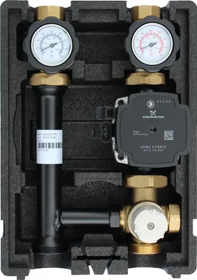 Produktbild von EcoMix EN004 Heizkreispumpengruppe mit Drei-Wege-Mischer, Festwertthermostat 40-70°C und Grundfos UPM3 Hybrid 25/7 Hocheffizienzpumpe