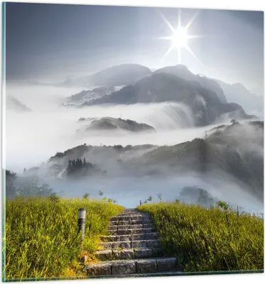 Produktbild von Bilder auf glas - Berg Nebel Landschaft Morgen - 70x70cm - Glasbilder - Wandbilder - Kunstdruck - zum Aufhängen bereit - Wanddekoration aus Glas - Glas Bilder - Wandbild auf Glas - GAC70x70-2478