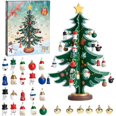 Productafbeelding van Adventskalender voor kinderen, 24 dagen, houten kerstboom, 30 ornamenten, hars